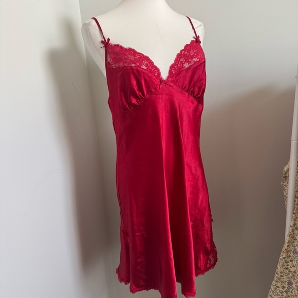 Vintage Red Satin & Lace Slip Dress — 90s Valentine Lingerie Aesthetic L - Picture 2 of 7